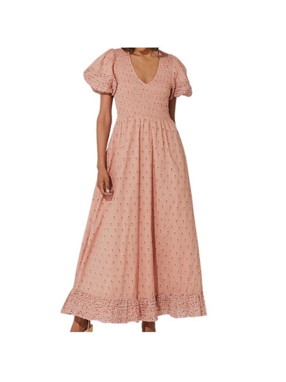 Cleobella Harmoni Print V Neck Puff Sleeve Ankle Dress SZ L Peach Orange